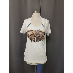 Harley Davidson‎ T-Shirt White Shanghai Graphic Studded Scoop Neck Large